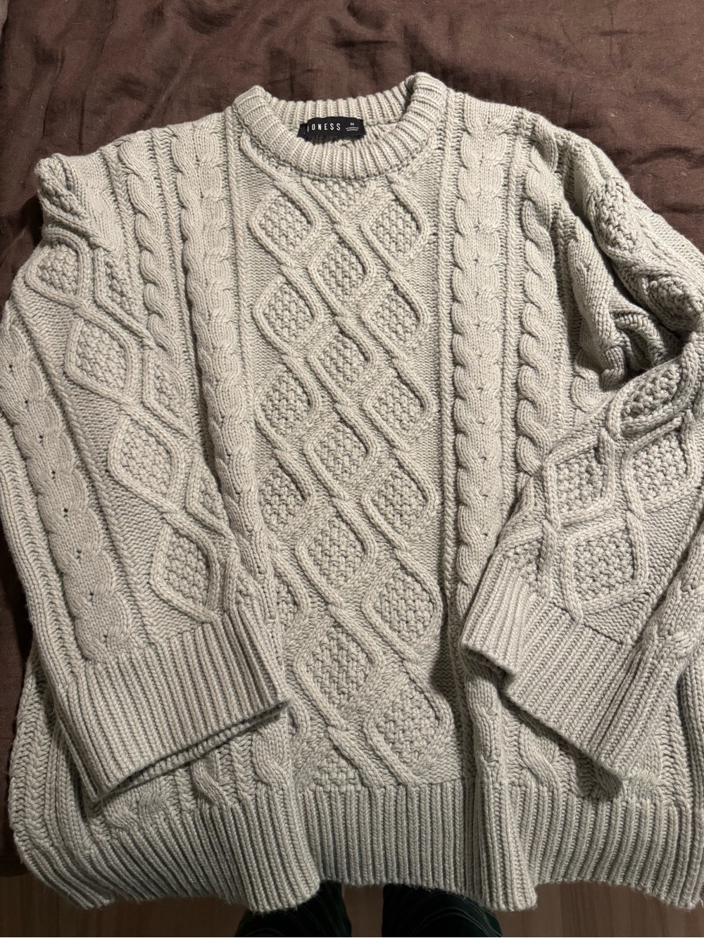 Lioness Light Gray Cable-Knit Crewneck Sweater
